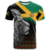 Black T-shirt with Jamaican flag panels and detailed gray lion graphic on front.