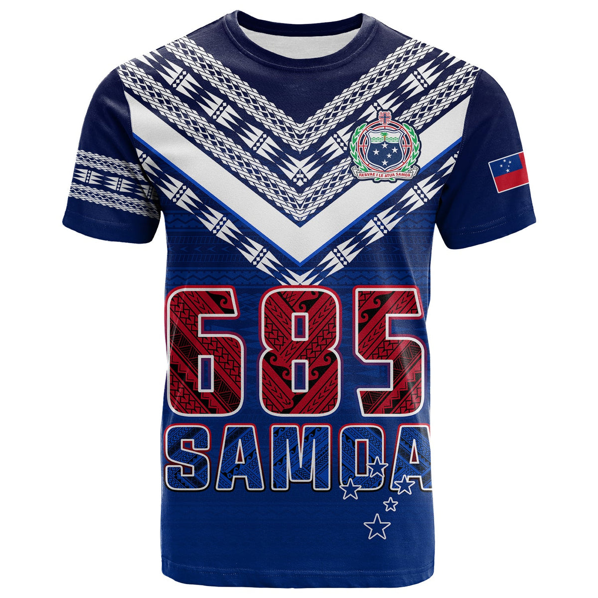 Blue kids Samoa graphic T-shirt with white chevron and large 685 print