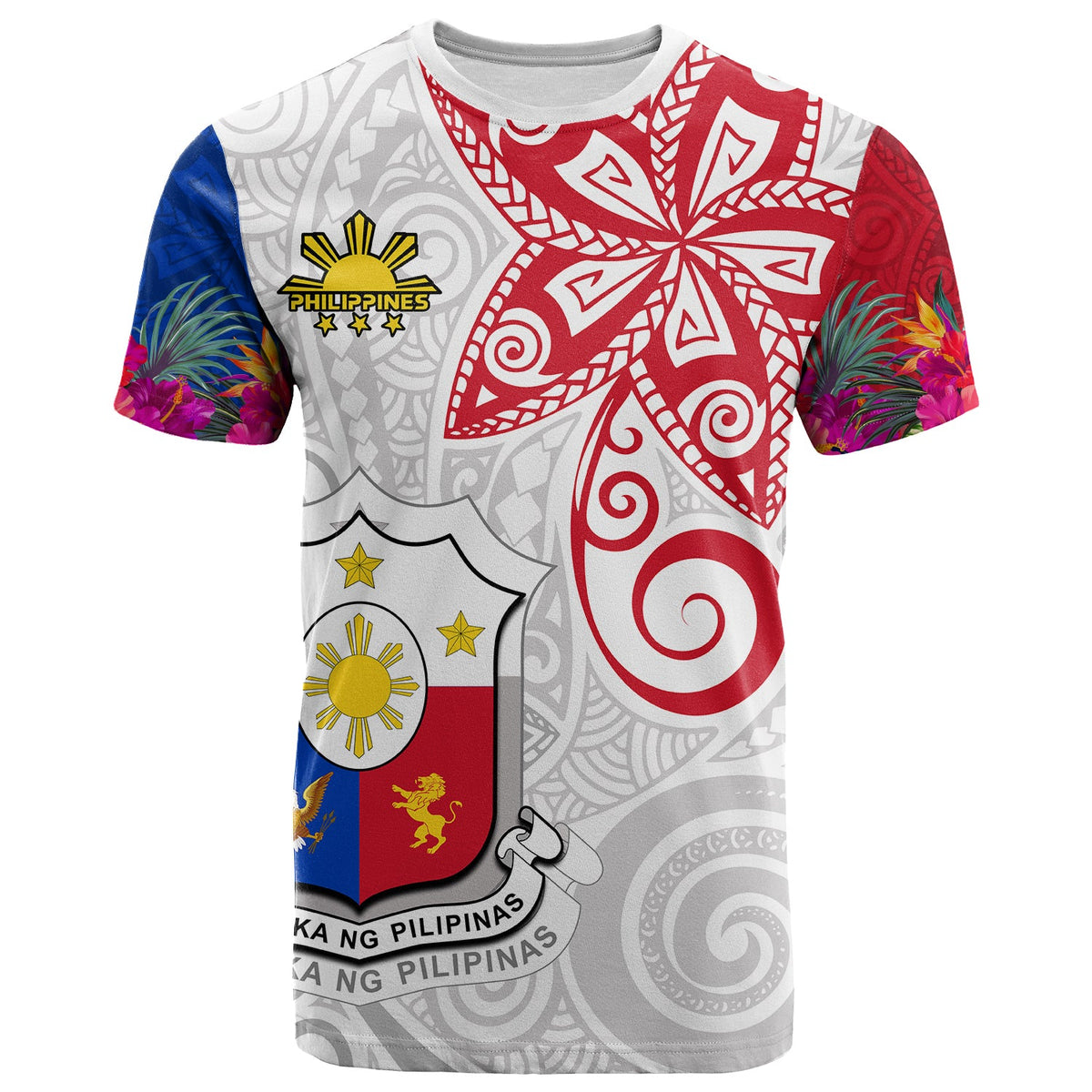 Grey T-shirt with red starburst design, Philippines emblem, and tropical floral sleeves