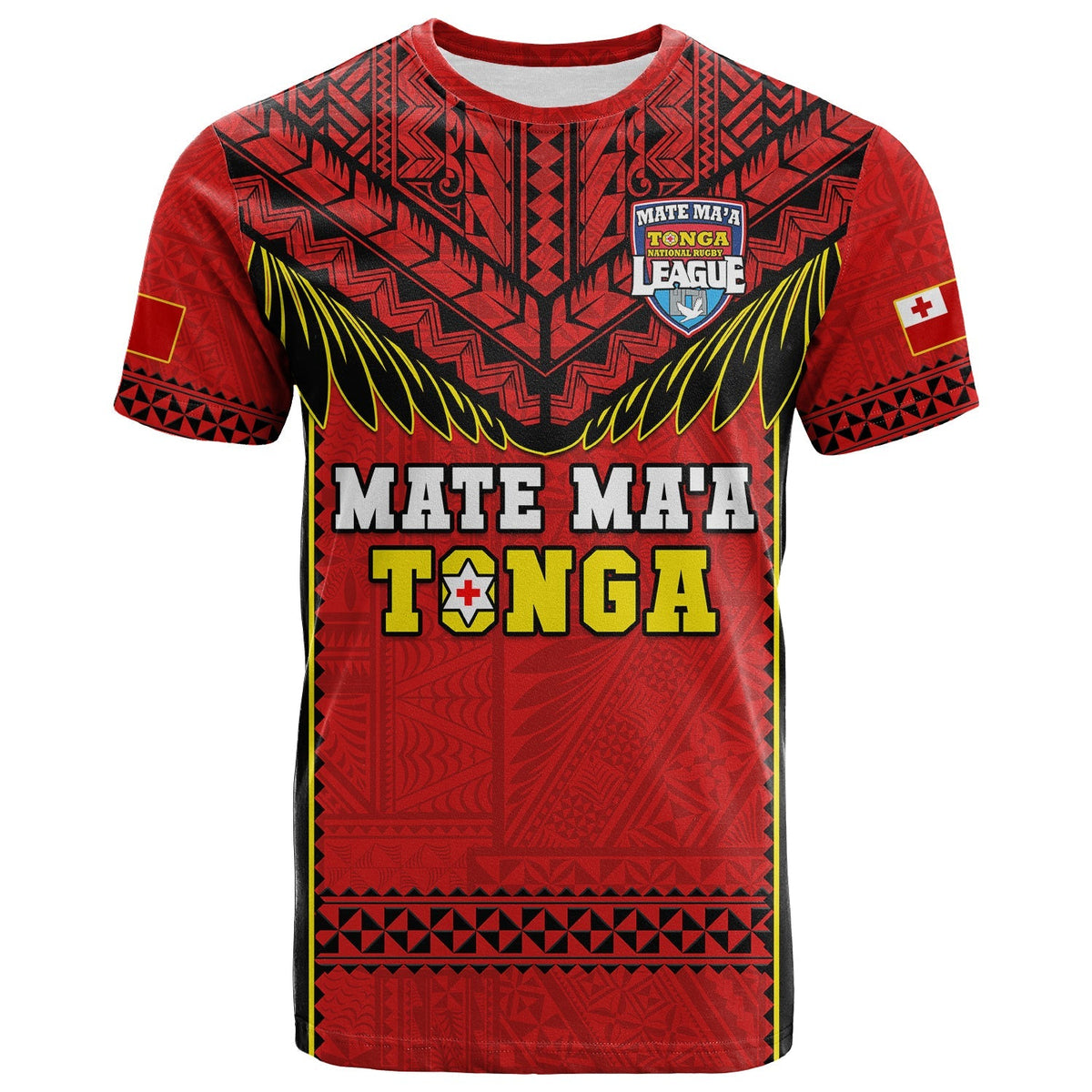 Tonga rugby t-shirt, red with black patterned yoke, Mate Maa Tonga front logo