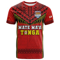 Tonga rugby t-shirt, red with black patterned yoke, Mate Maa Tonga front logo