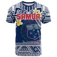 Blue Samoa graphic T-shirt with plumeria flowers and tribal geometric border, crew neck
