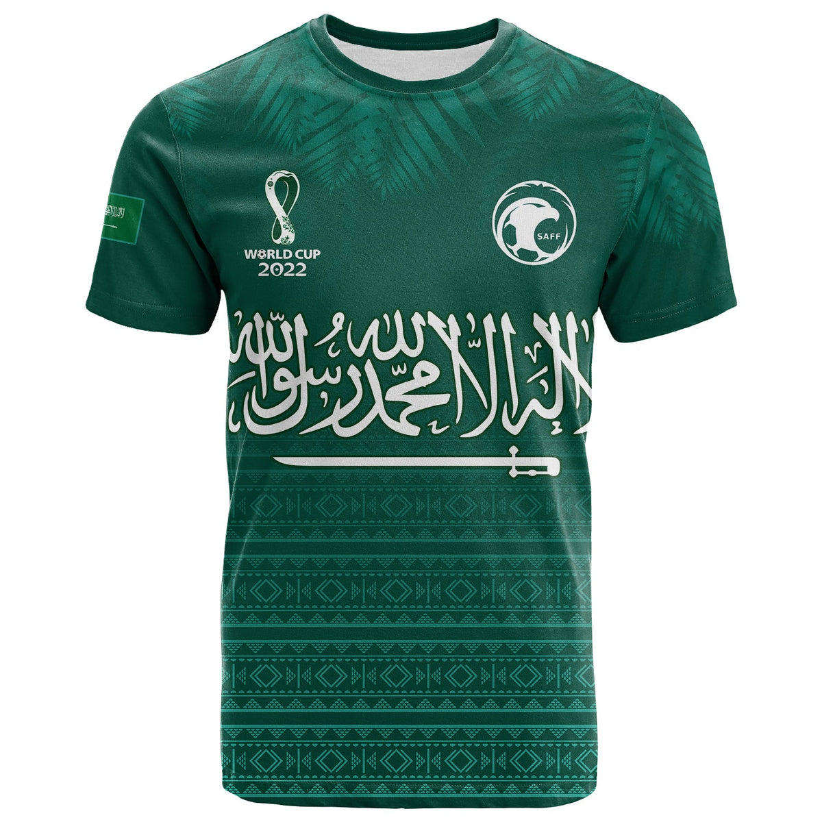 Green football T-shirt with World Cup 2022 emblem and Arabic pride pattern