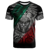 Black T-shirt with front Aztec warrior eagle graphic in green, gray, and red