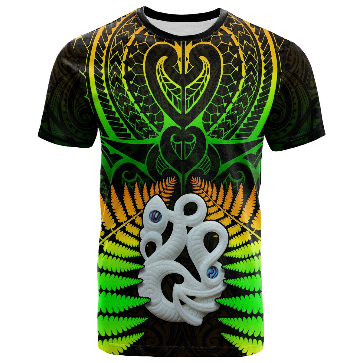 Custom Aotearoa fern T-shirt, green, hei tiki front print