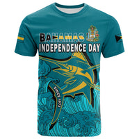 Blue Bahamas Independence Day T-shirt front with marlin artwork and sleeve flag detail