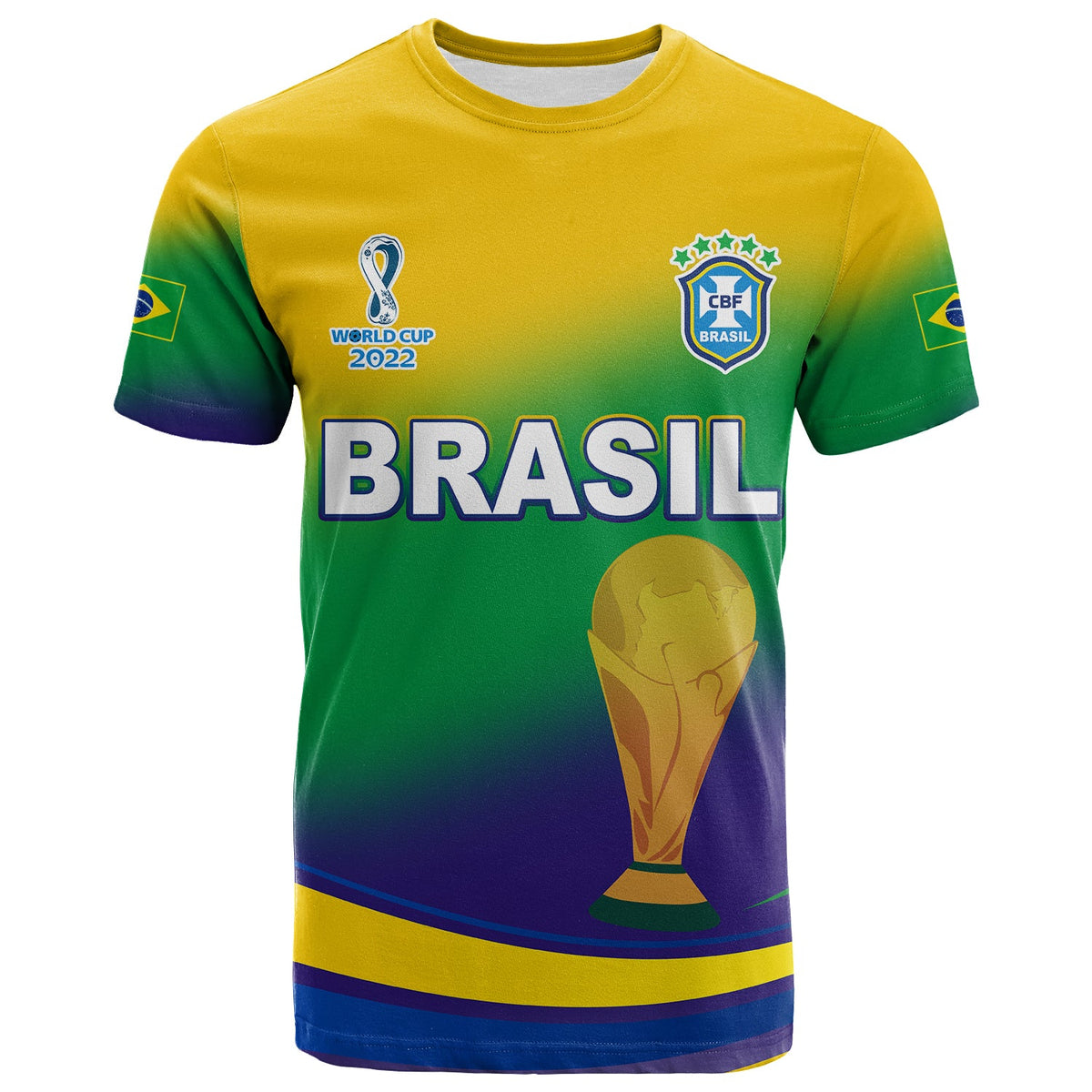 Brazil football T-shirt in yellow-green-purple gradient, BRASIL front, World Cup 2022 crest