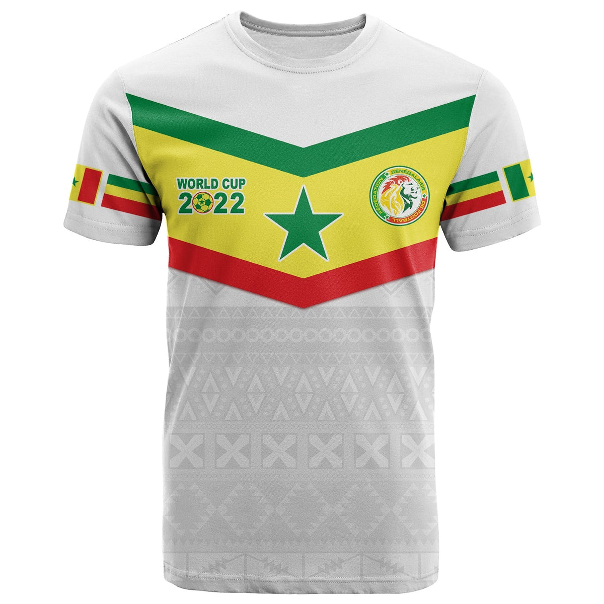 White Senegal football T-shirt 2022: green-red chevron, star badge, World Cup 2022