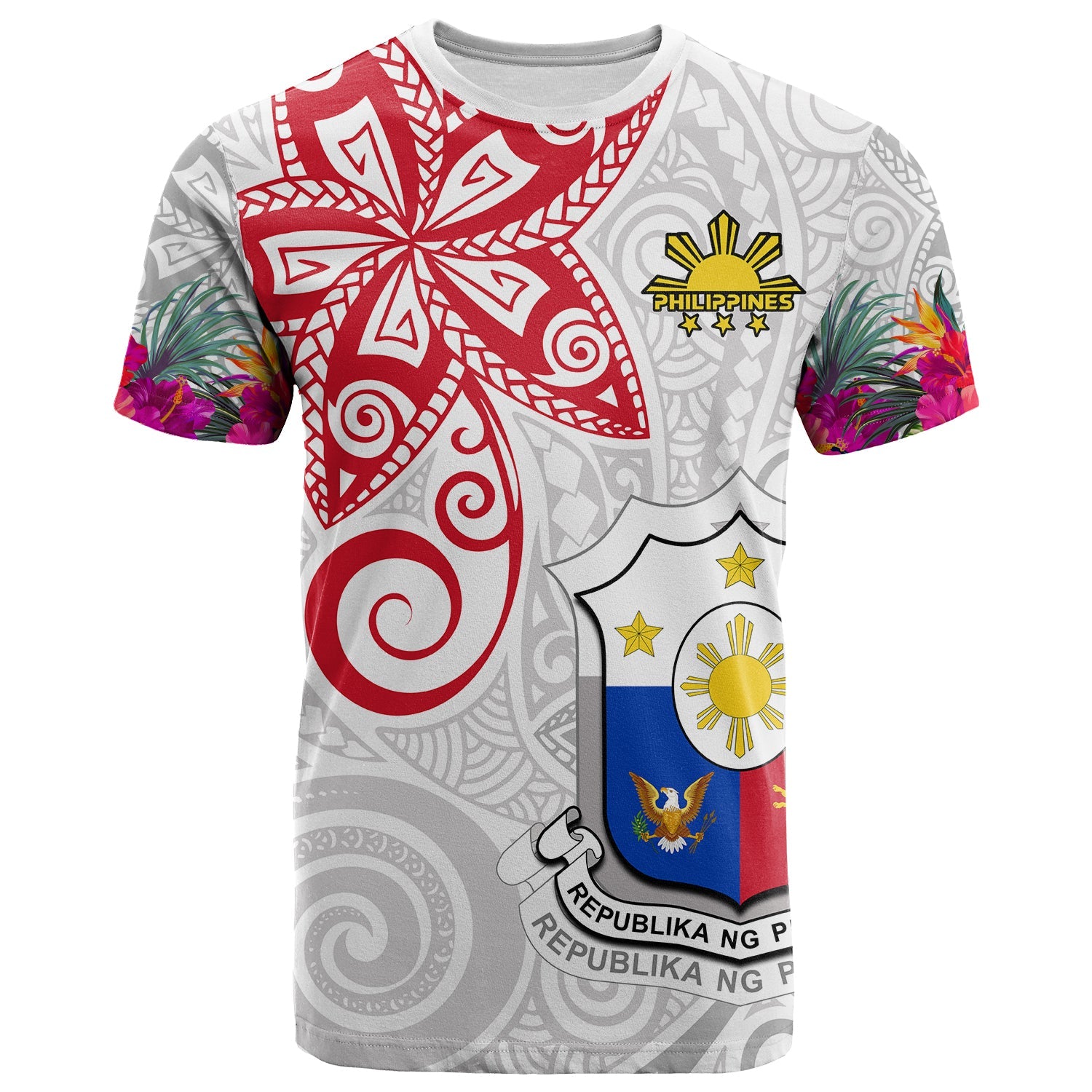 Custom Philippines T Shirt Sun Filipino Polynesian mix Flowers White Vibe LT13 - Wonder Print Shop