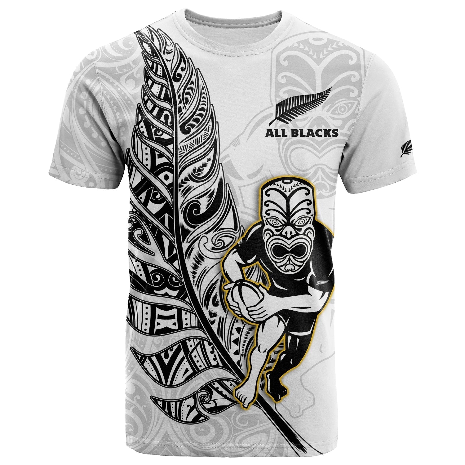 New Zealand 2022 Rugby T Shirt All Black Silver Fern Maori Pattern Version White - Wonder Print Shop