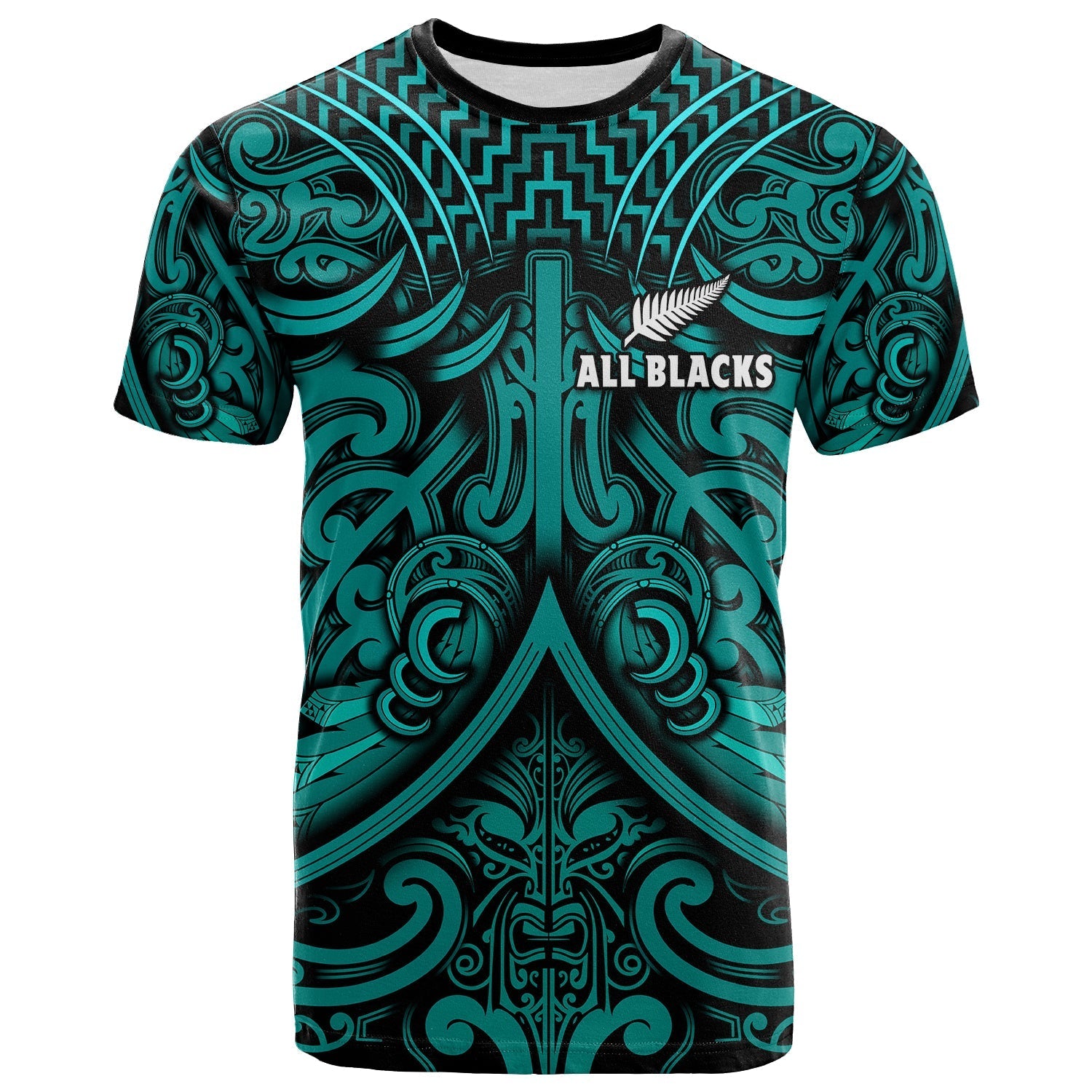 Custom Text and Number New Zealand Silver Fern Rugby T Shirt All Black Turquoise NZ Maori Pattern LT13 - Wonder Print Shop