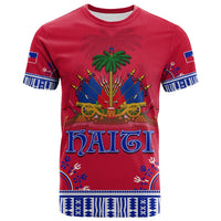 Red dashiki-style Haiti T-shirt with palm and cannon graphic, blue patterned trim
