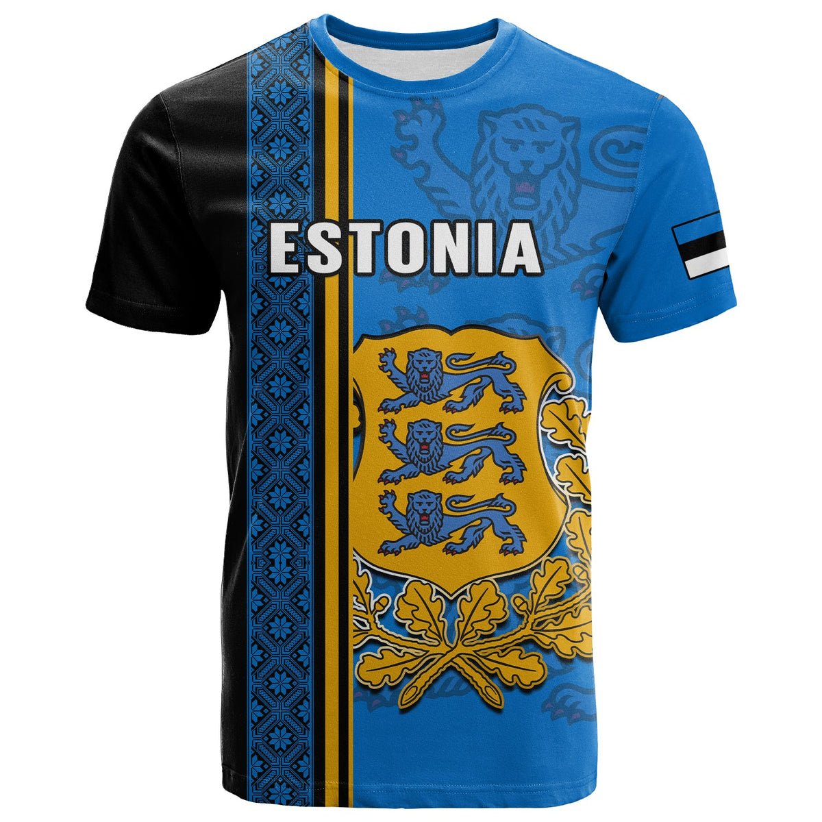 Blue and black Estonia T-shirt with shield coat of arms and bold ESTONIA text