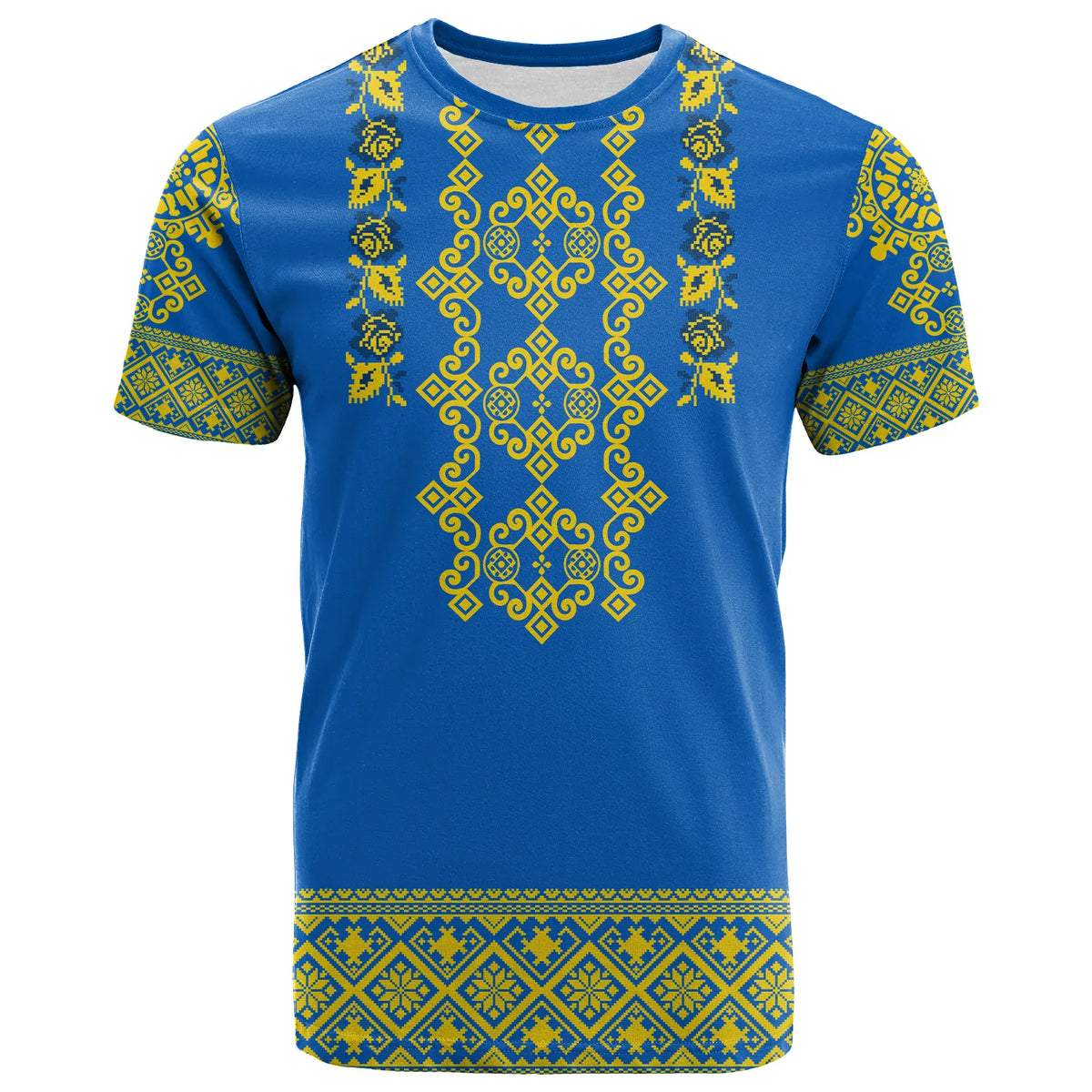 Blue short-sleeve t-shirt with yellow and green embroidered folk diamond pattern