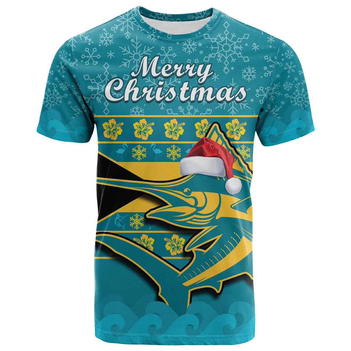Teal T-shirt, front graphic 'Merry Christmas' with marlin and ornaments