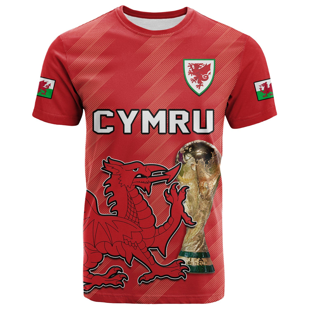 Red Wales football t-shirt with Cymru crest, dragon graphic and trophy