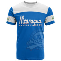 Baseball-style t-shirt with blue front and white yoke; Nicaragua 2023 graphic