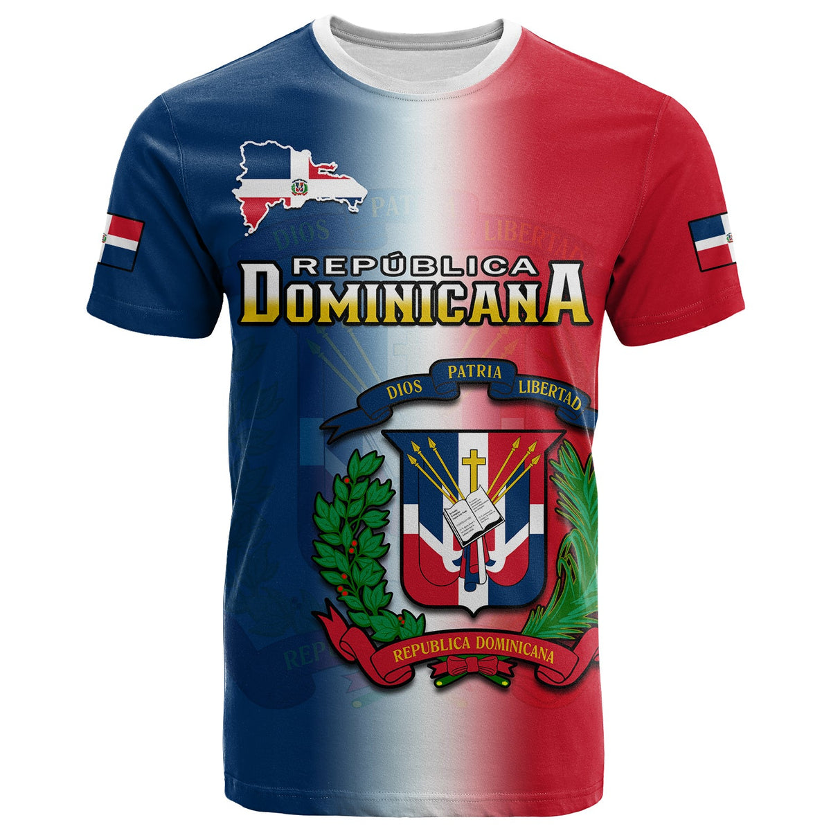 Dominican graphic T-shirt with coat of arms on red-blue gradient chest