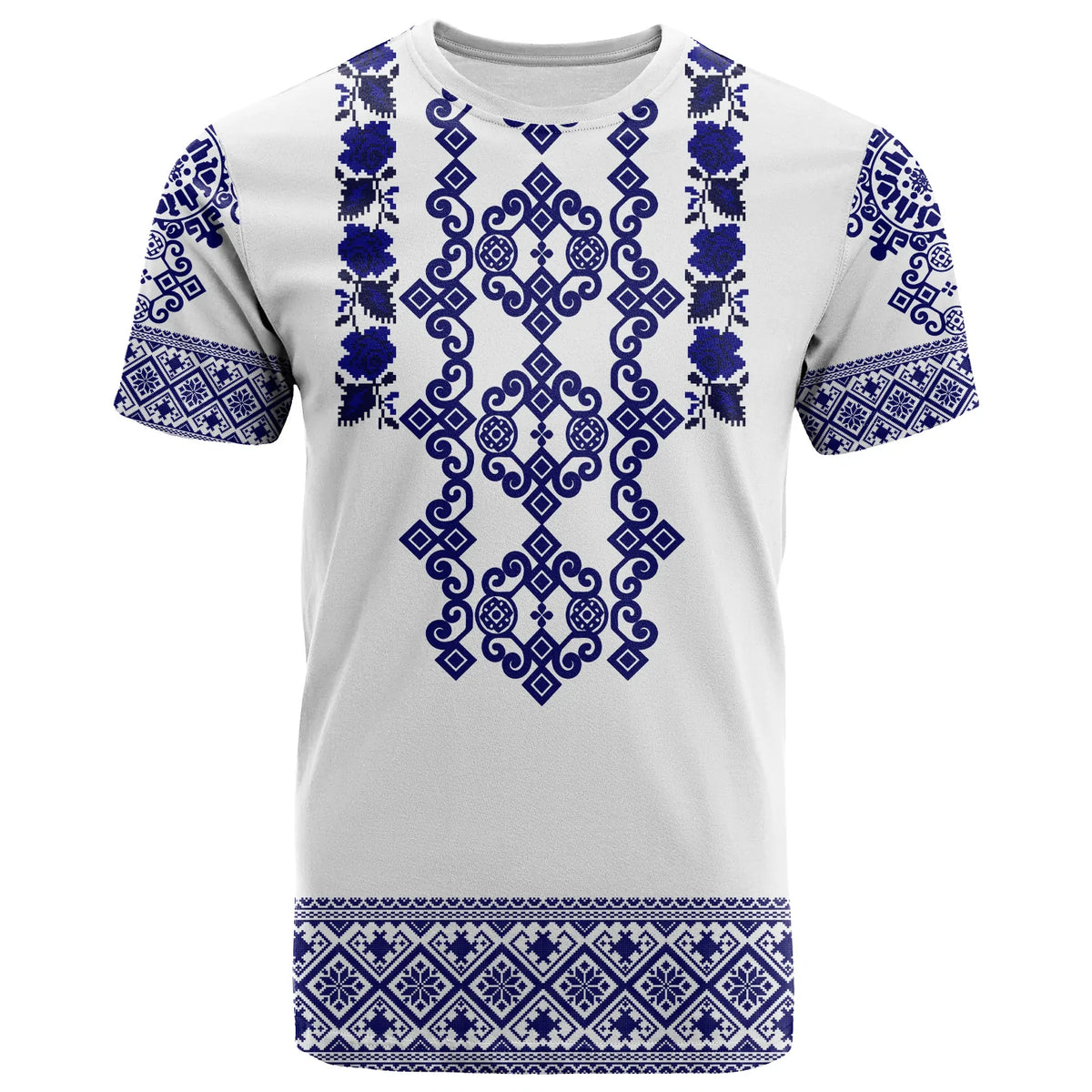 White folk embroidered T-shirt with blue geometric chest and sleeve patterns