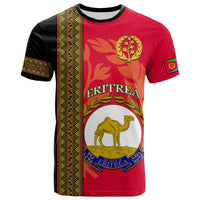 Red T-shirt with black stripe and Eritrea camel crest graphic on front