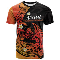 Orange-to-black T-shirt with Polynesian graphic and Maui text front view, short sleeves.