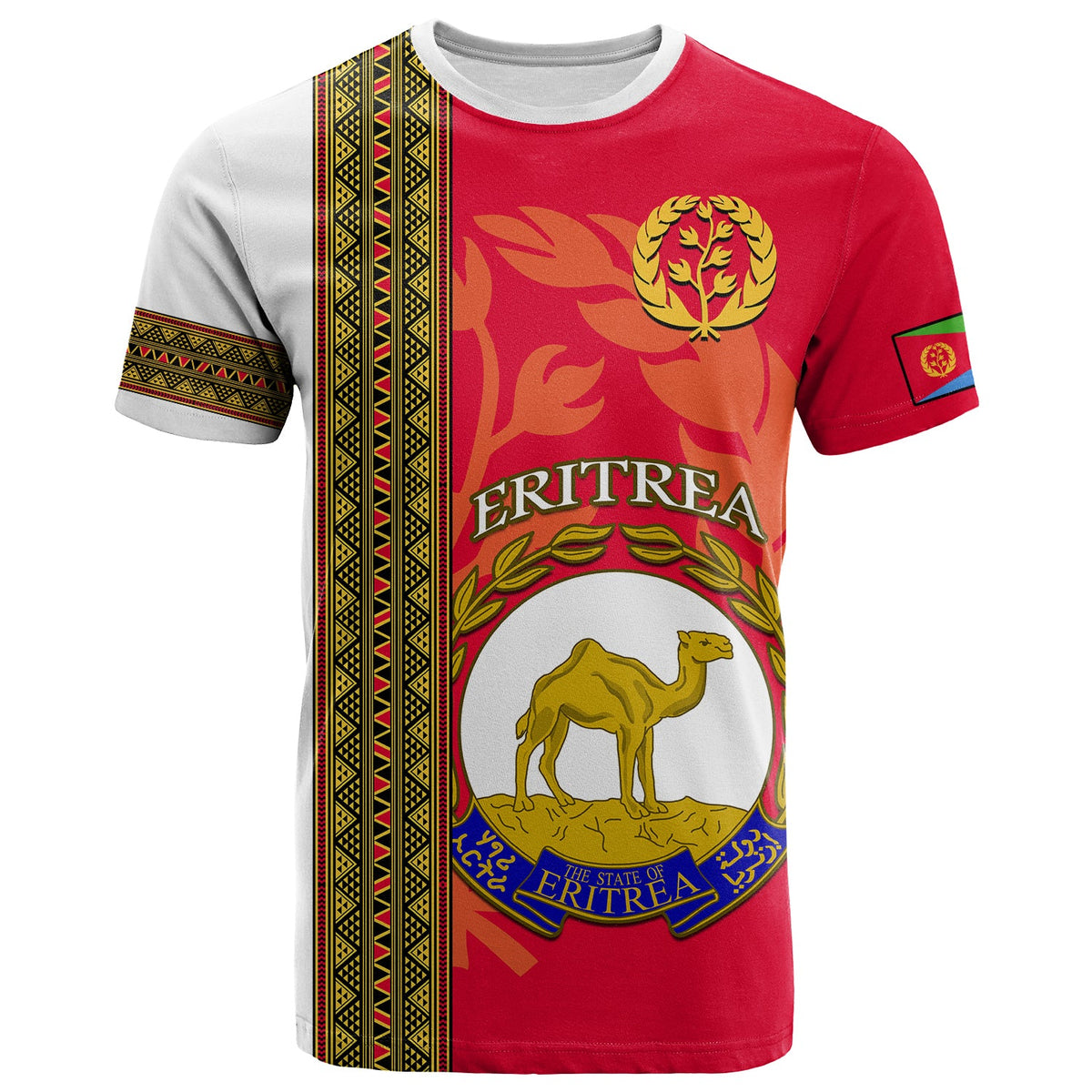 Red and white Eritrea independence T-shirt with camel crest and laurel emblem