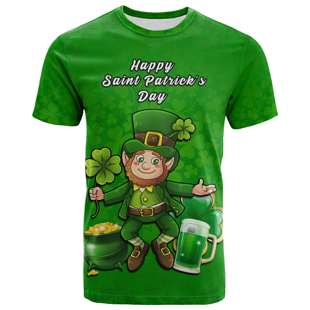 Green T-shirt with Happy Saint Patrick's Day text, leprechaun holding shamrocks