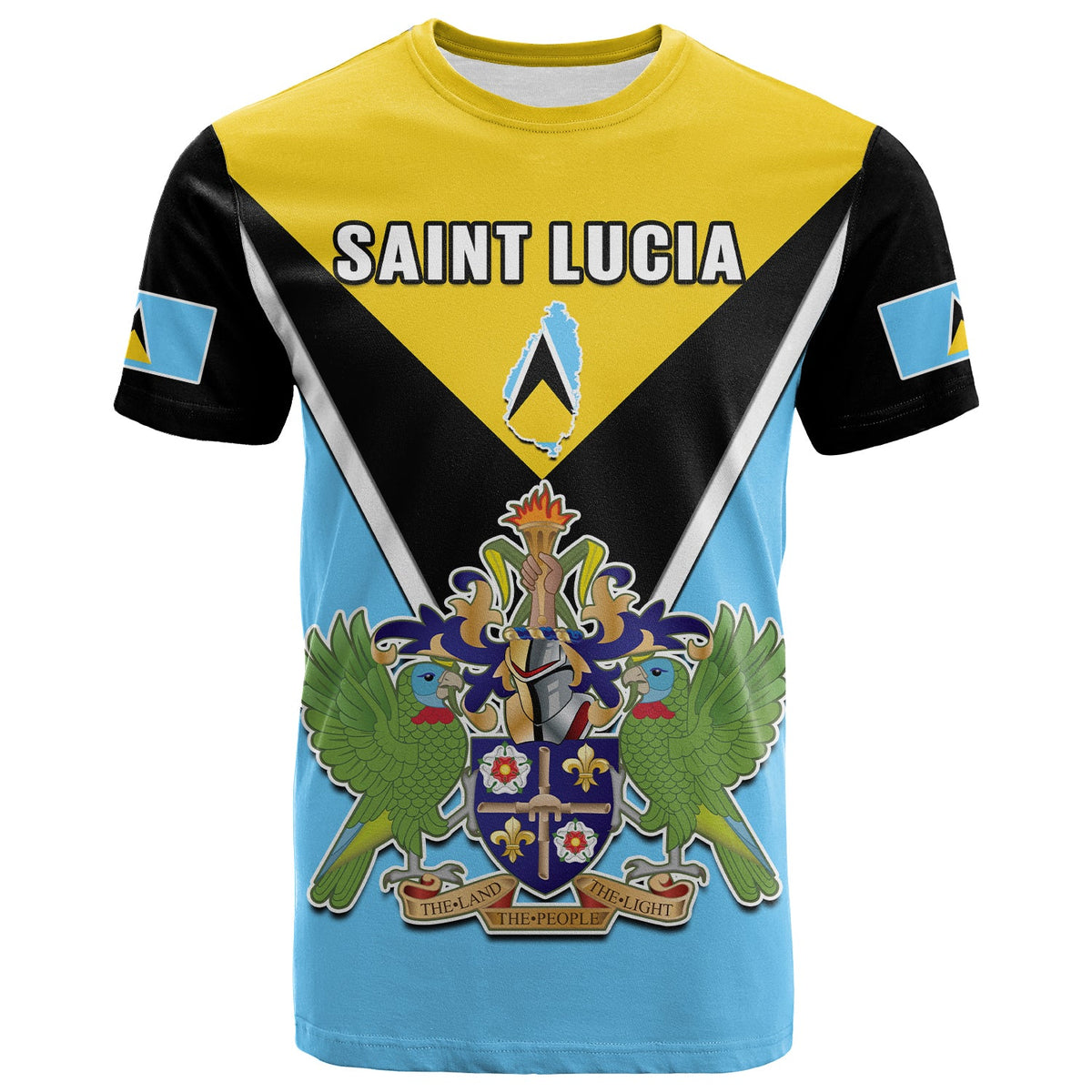 Kids T-shirt with Saint Lucia graphic, yellow and black yoke, light blue body
