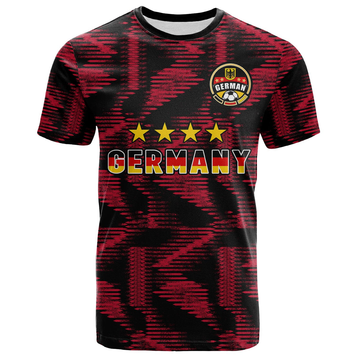 Red-and-black Germany football T-shirt with crest, stars, and 'GERMANY' print, crew neck.