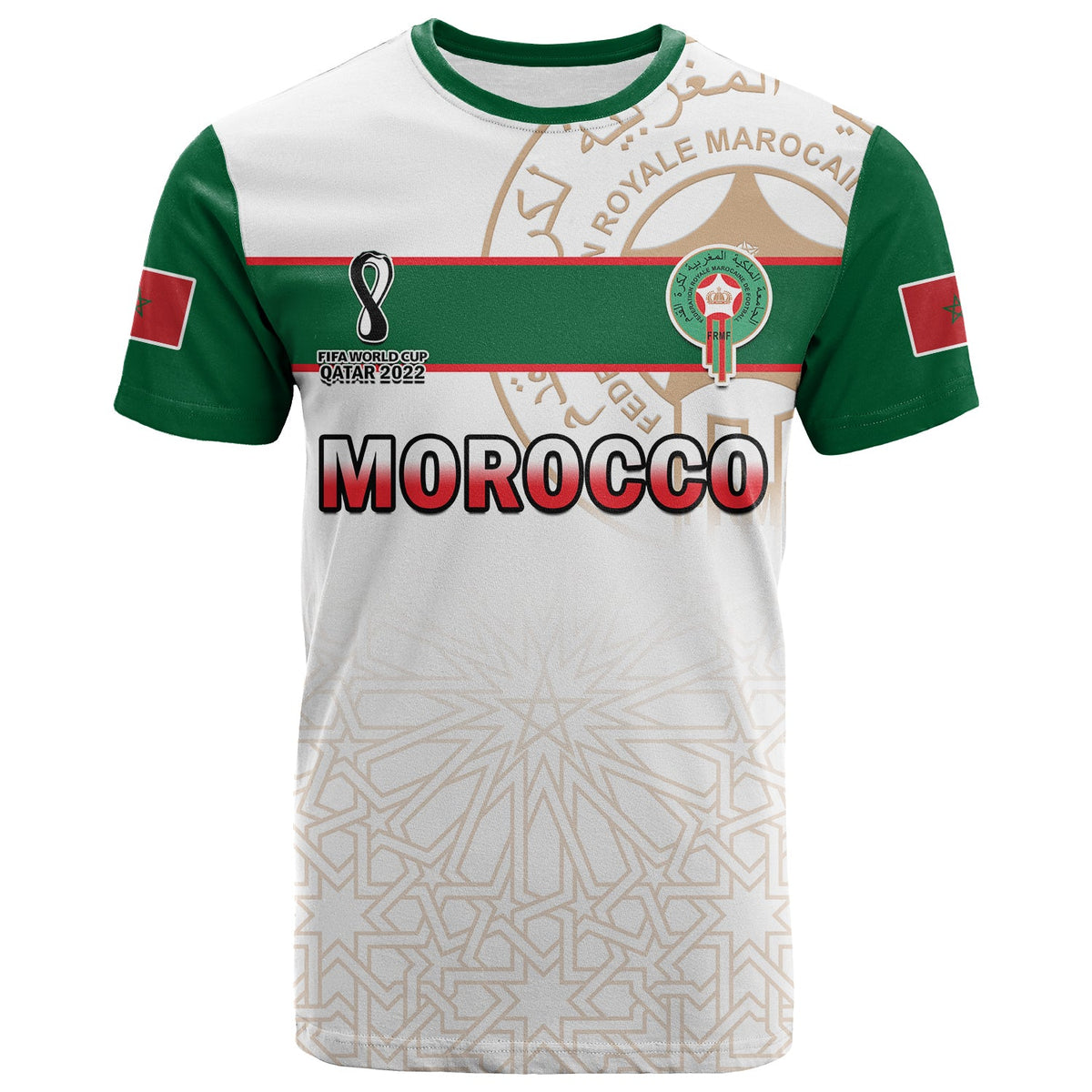 Morocco football T-shirt, white with green sleeves and Morocco graphic front