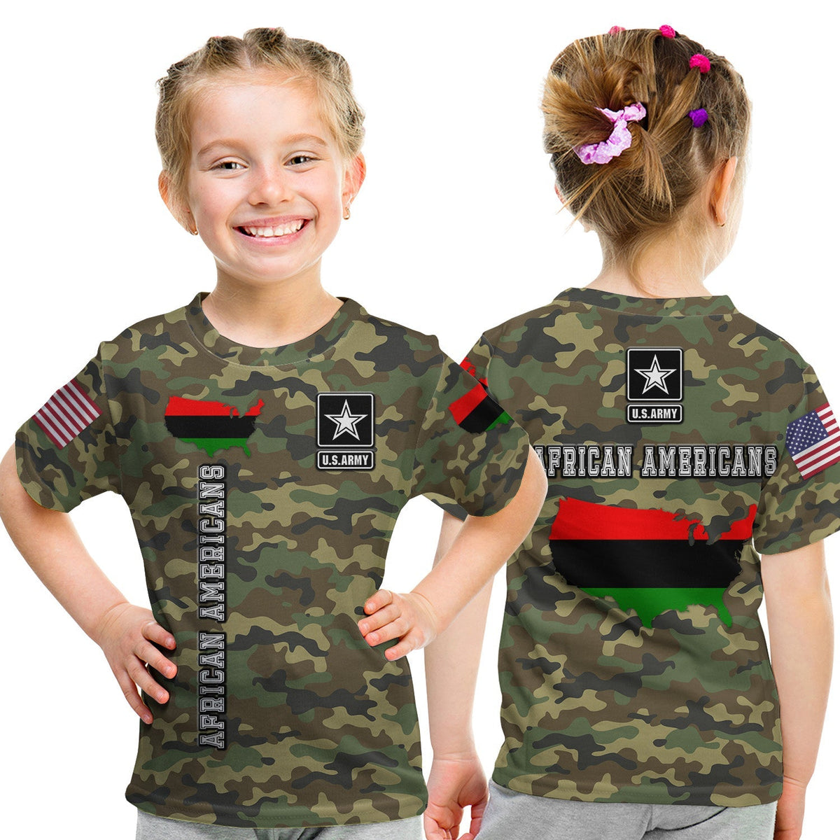 Kids camo T-shirt: U.S. Army badge, African Americans text, flag accents