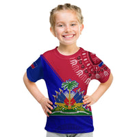 Kids Haiti dashiki-style T-shirt, red/blue front graphic with palm tree and motto text