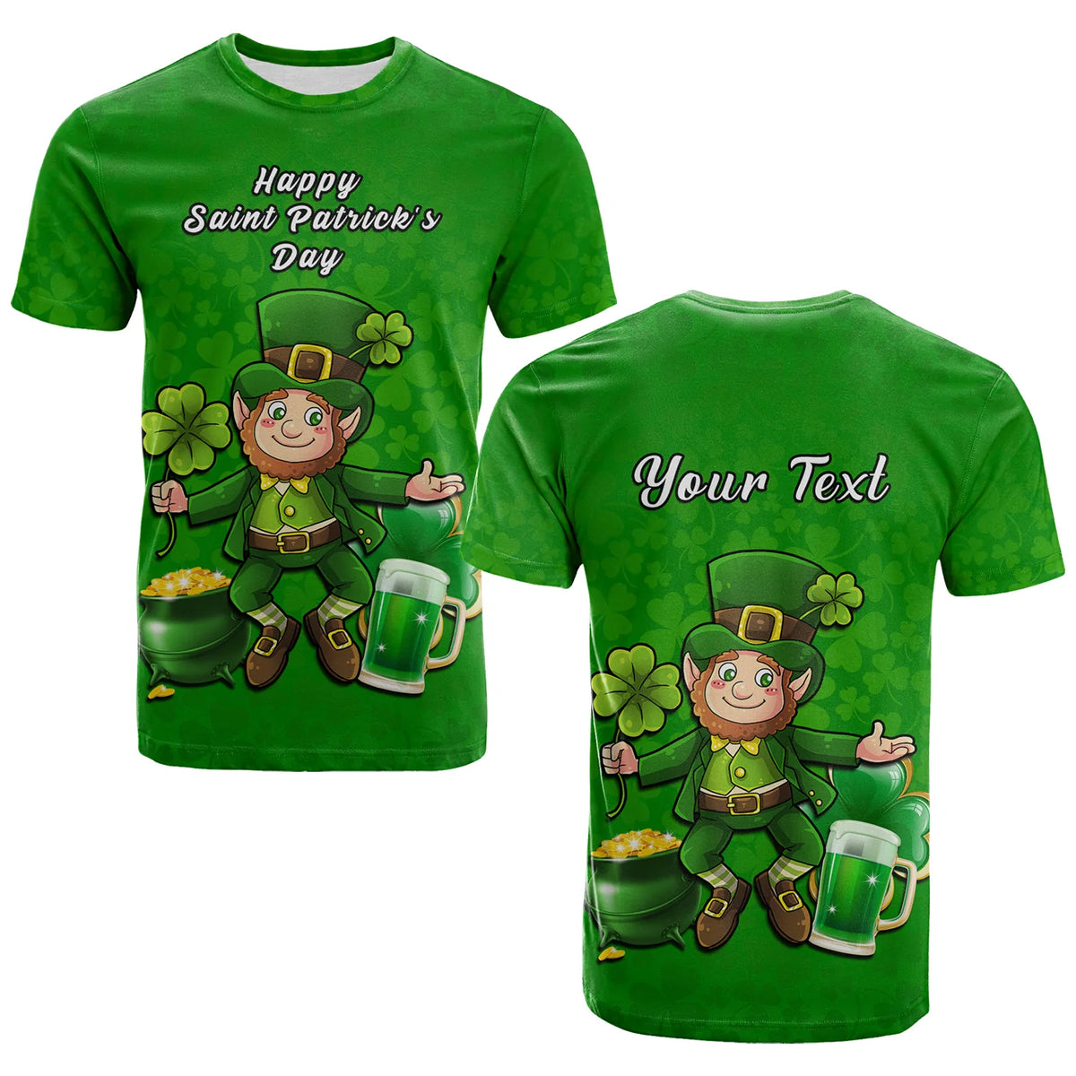 Green St. Patrick's Day T-shirt with leprechaun graphic and 'Happy Saint Patrick's Day'