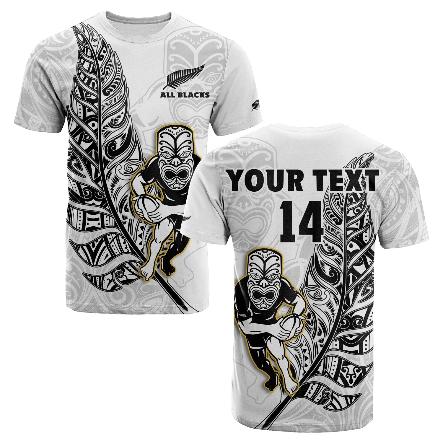 Custom Text And Number New Zealand 2022 Rugby T Shirt All Black Silver Fern Maori Pattern Version White - Wonder Print Shop