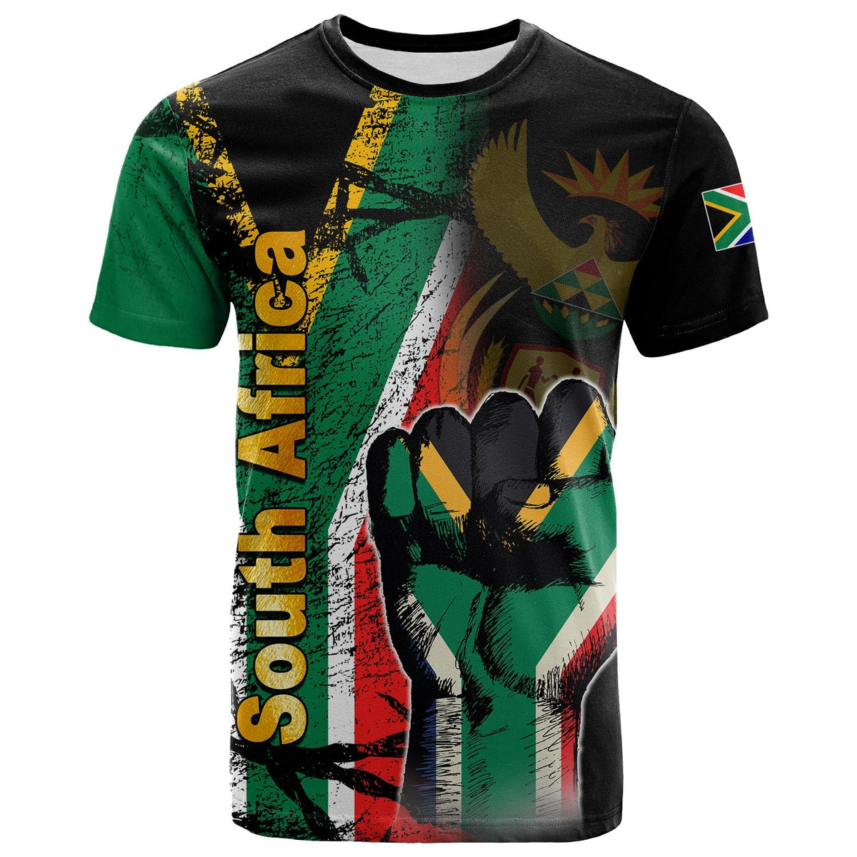 Black tee with grunge South Africa flag print and 'South Africa' text