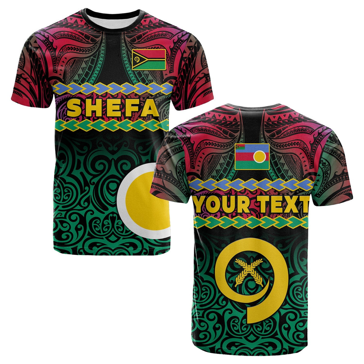 Black T-shirt with Polynesian pattern, SHEFA text, flag graphic, and circular emblem print