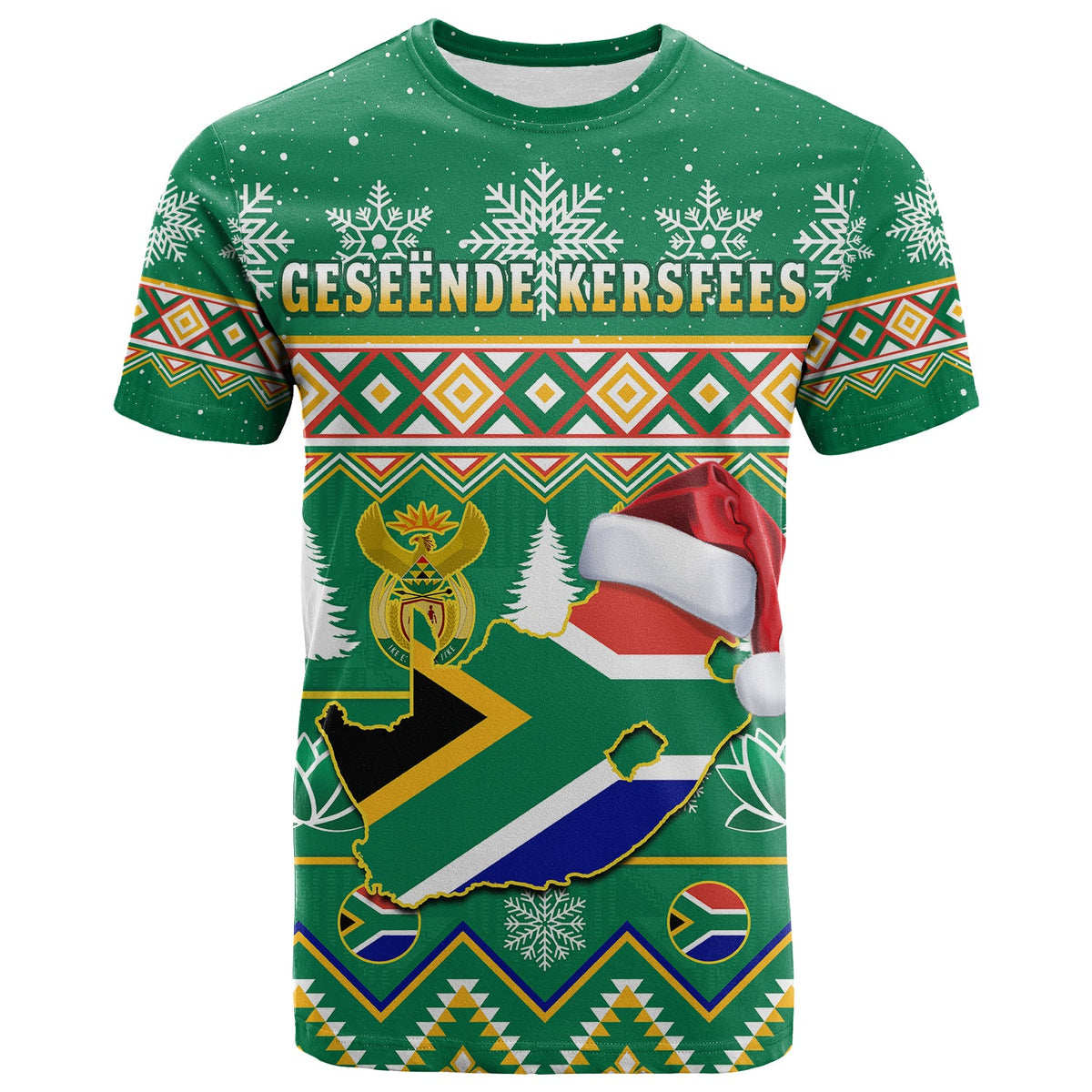Green Christmas T-shirt: “Geseënde Kersfees” front with South Africa map graphic