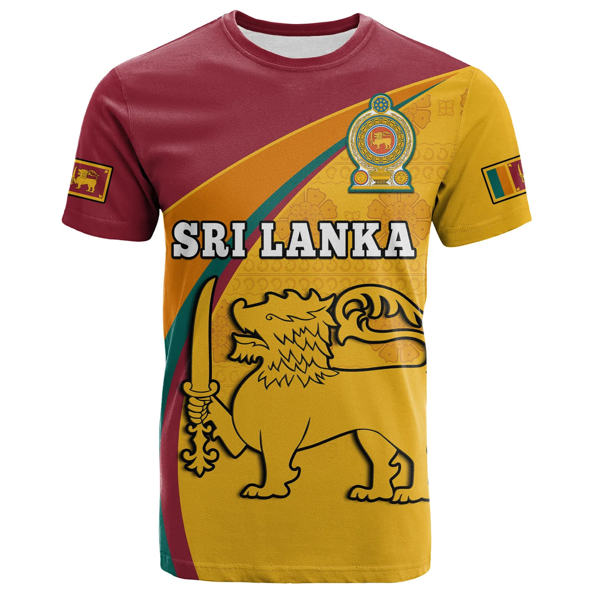 Sri Lanka T-shirt, maroon and yellow with flag graphic and lion emblem