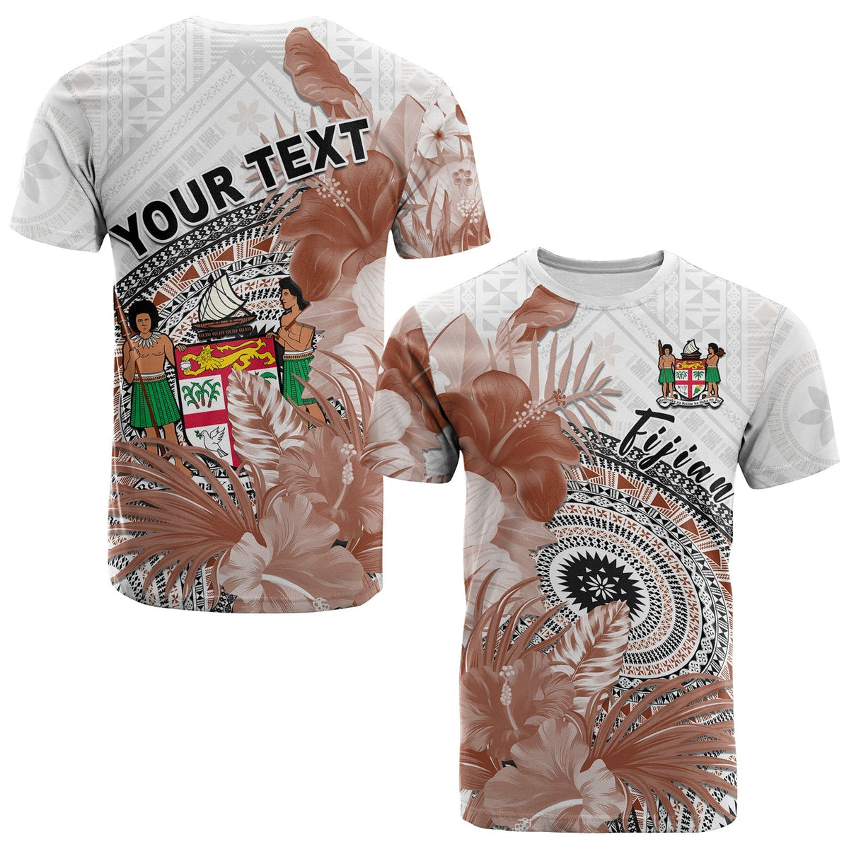 Custom Fiji tapa T-shirt blanca de adulto, con texto grande “YOUR TEXT” y flores hibisco marrón.