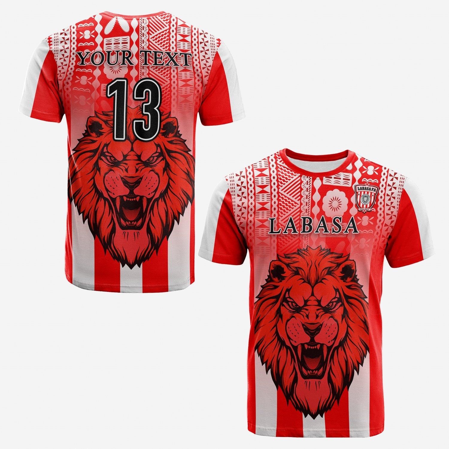 Custom Football Labasa Fa T Shirt Red Lion Fiji Custom Text and Number LT13 - Wonder Print Shop