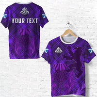 Purple tartan T-shirt with YOUR TEXT, thistle graphic; adult and kid shown