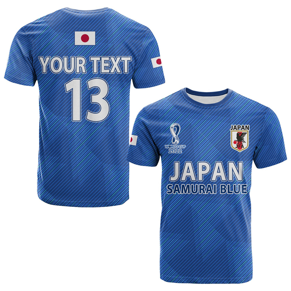 Blue Japan football T-shirt with YOUR TEXT 13 and flag sleeve patch
