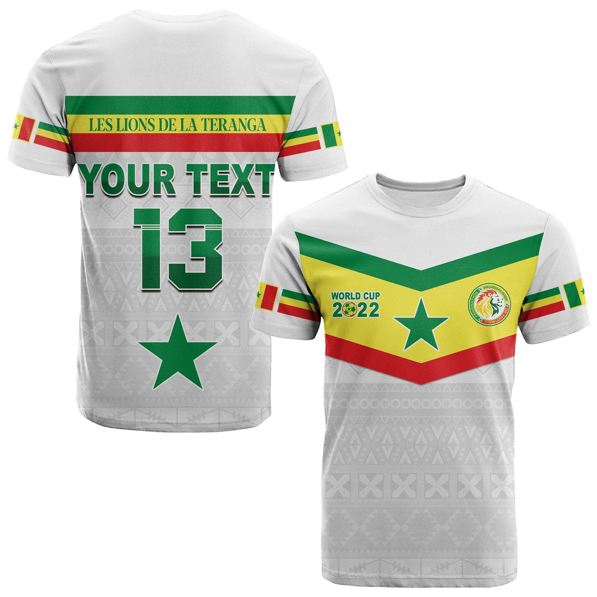 White soccer T-shirt, back print: green stripes, star, YOUR TEXT and 13
