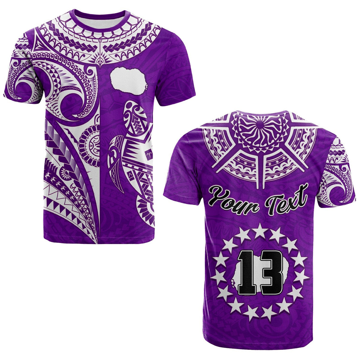 Purple T-shirt with white turtle-and-map style design, short sleeves