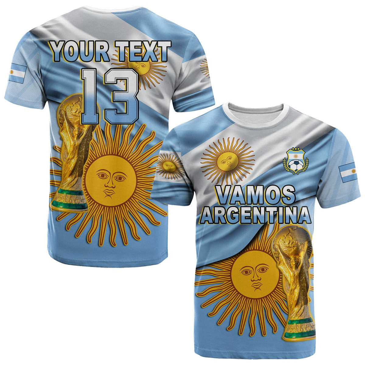Blue football T-shirt with YOUR TEXT 13 and golden sun-face wing graphic on back