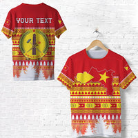 Red T-shirt back view with laurel emblem, crossed tools, and custom text