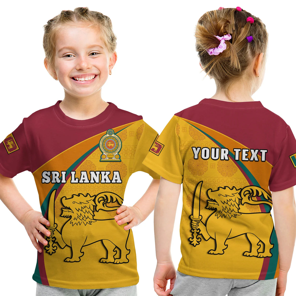 Kids maroon and yellow Sri Lanka graphic T-shirt, front and back with lion emblem