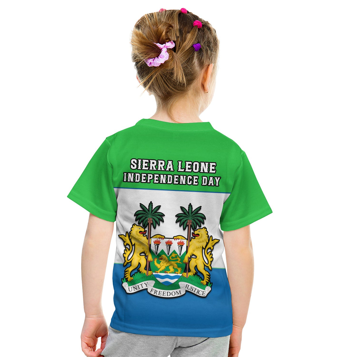 Kids Sierra Leone T-shirt, green back with blue lower panel and Independence Day crest