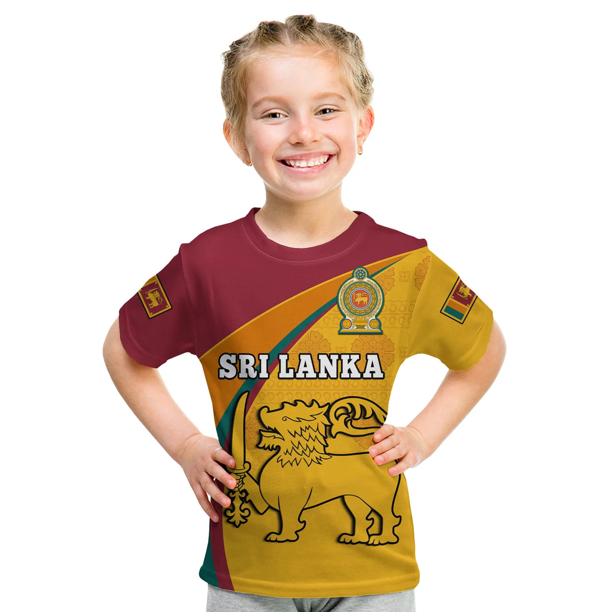 Kids Sri Lanka graphic T-shirt, maroon and yellow with lion and flag print