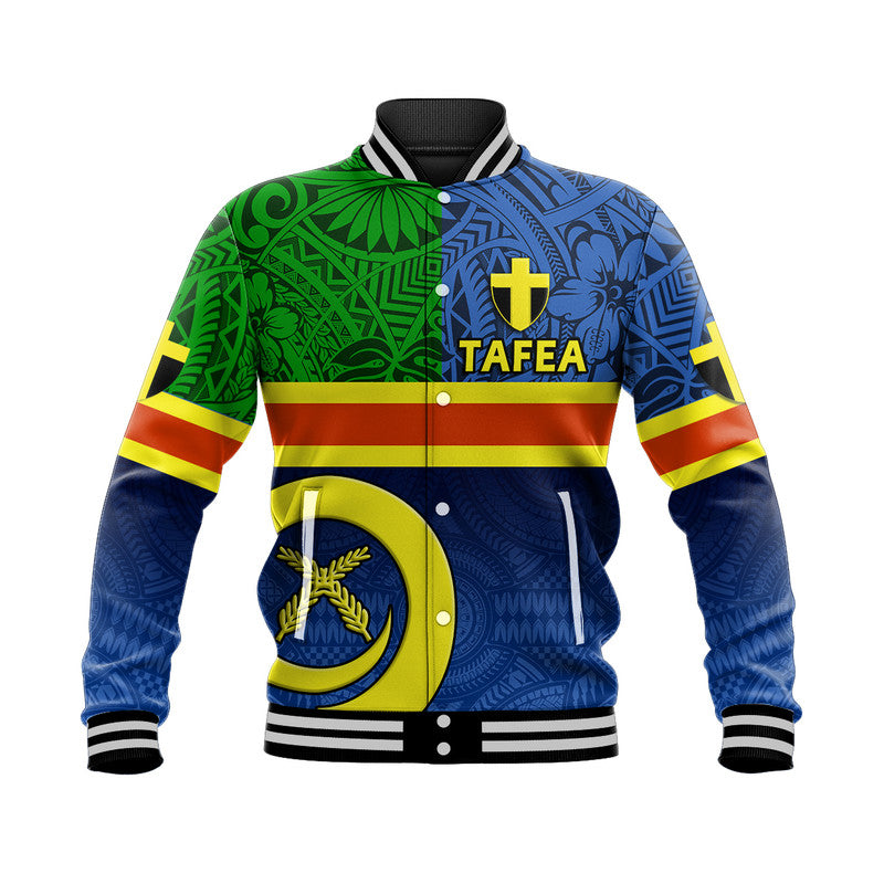 Unisex blue baseball jacket with green panel and TAFEA text, striped cuffs and hem